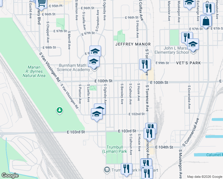 map of restaurants, bars, coffee shops, grocery stores, and more near 10055 South Oglesby Avenue in Chicago