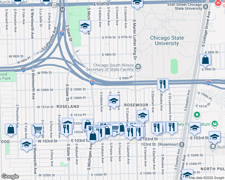 map of restaurants, bars, coffee shops, grocery stores, and more near 10022 South Forest Avenue in Chicago