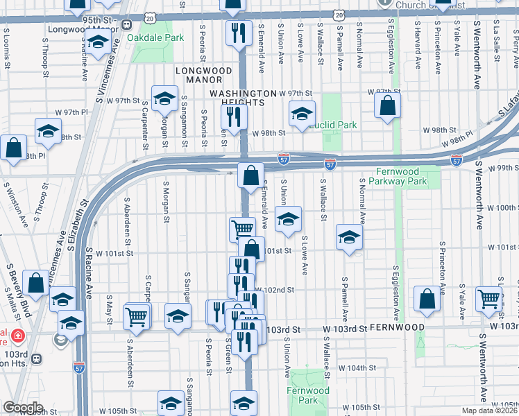 map of restaurants, bars, coffee shops, grocery stores, and more near 10010 South Emerald Avenue in Chicago