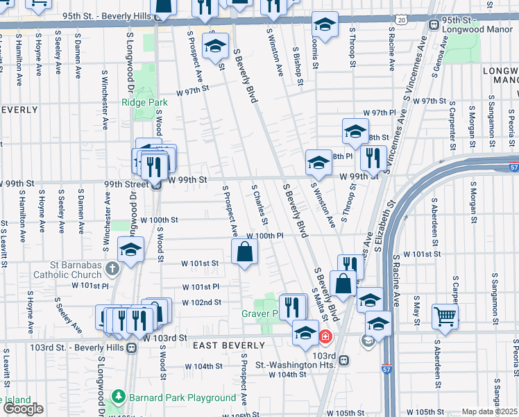 map of restaurants, bars, coffee shops, grocery stores, and more near 9964 South Charles Street in Chicago