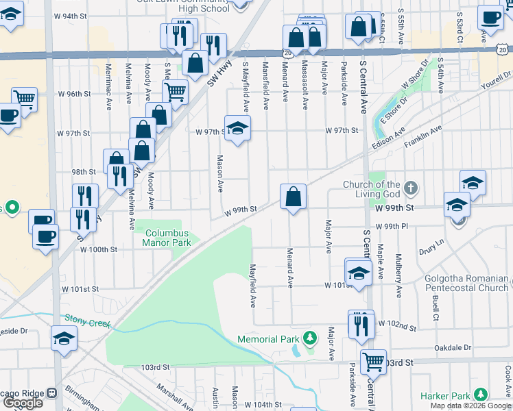 map of restaurants, bars, coffee shops, grocery stores, and more near 9912 Mansfield Avenue in Oak Lawn