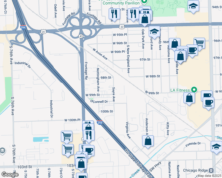 map of restaurants, bars, coffee shops, grocery stores, and more near 7010 West 99th Street in Chicago Ridge