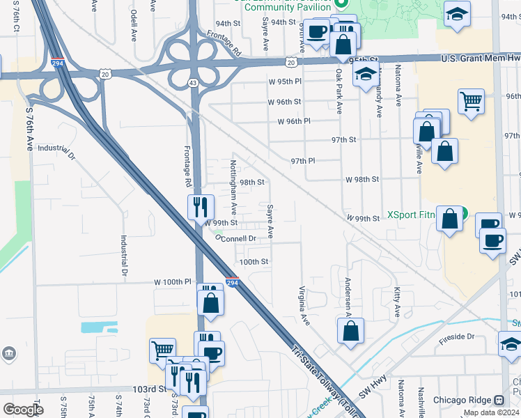 map of restaurants, bars, coffee shops, grocery stores, and more near 7010 West 99th Street in Chicago Ridge