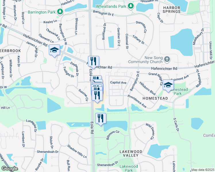 map of restaurants, bars, coffee shops, grocery stores, and more near 2320 South Eola Road in Aurora