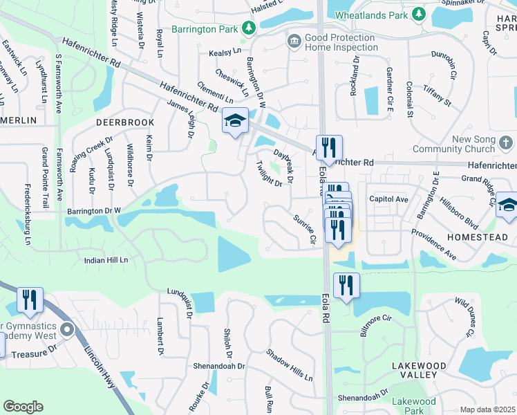 map of restaurants, bars, coffee shops, grocery stores, and more near 2253 Sunrise Circle in Aurora