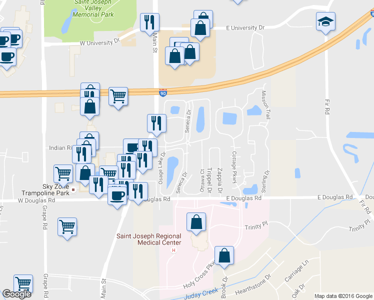 map of restaurants, bars, coffee shops, grocery stores, and more near 5723 Ottawa Court in Mishawaka