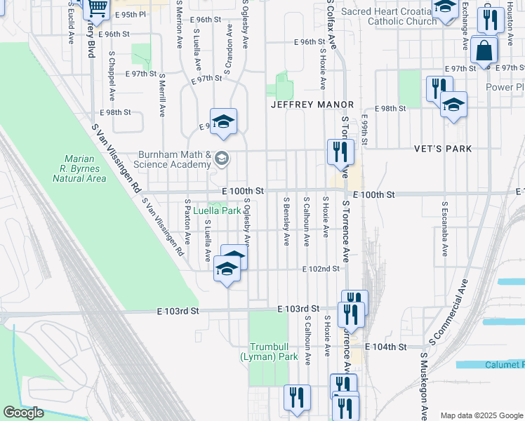 map of restaurants, bars, coffee shops, grocery stores, and more near 10055 South Oglesby Avenue in Chicago