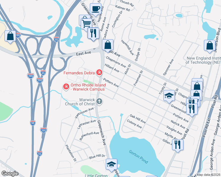 map of restaurants, bars, coffee shops, grocery stores, and more near 345 Thames Avenue in Warwick