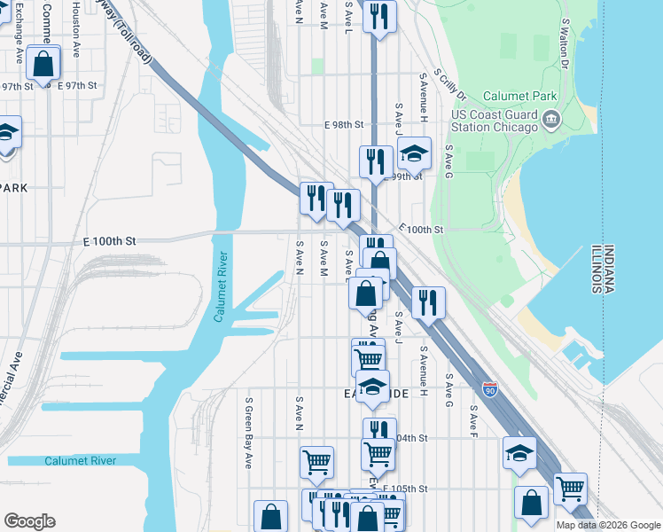 map of restaurants, bars, coffee shops, grocery stores, and more near 10043 South Avenue M in Chicago