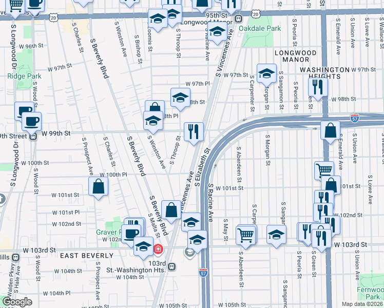 map of restaurants, bars, coffee shops, grocery stores, and more near 9952 South Vincennes Avenue in Chicago