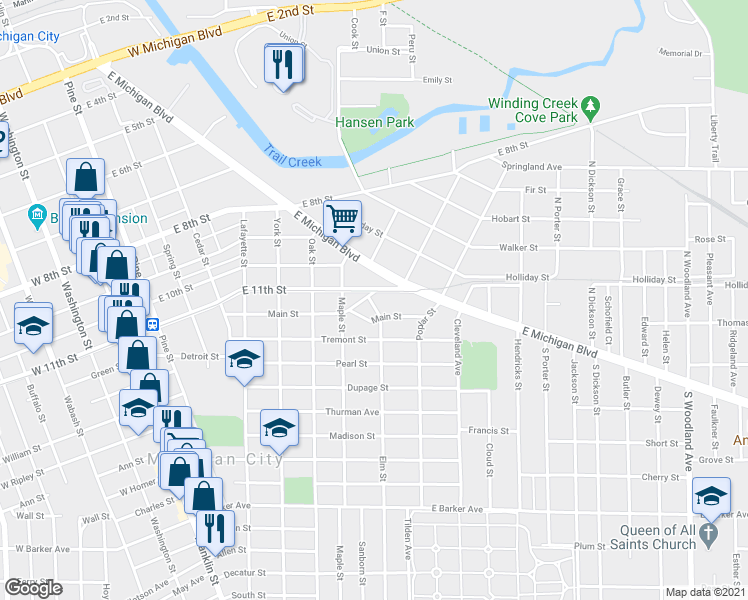 map of restaurants, bars, coffee shops, grocery stores, and more near 605 Main Street in Michigan City