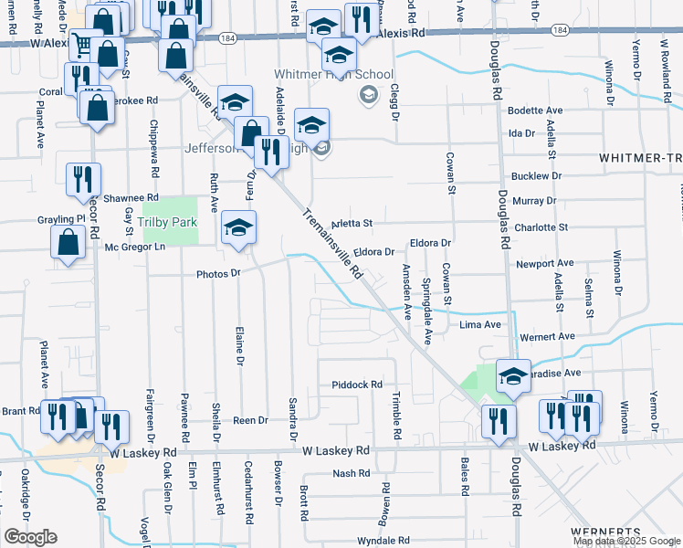 map of restaurants, bars, coffee shops, grocery stores, and more near 2820 Eldora Drive in Toledo
