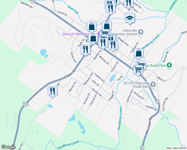 map of restaurants, bars, coffee shops, grocery stores, and more near 17 Elm Street in Ellenville