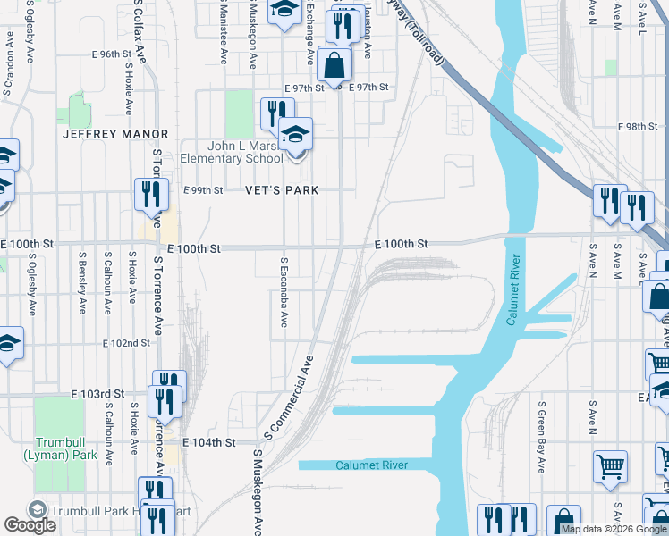 map of restaurants, bars, coffee shops, grocery stores, and more near 10041 South Exchange Avenue in Chicago