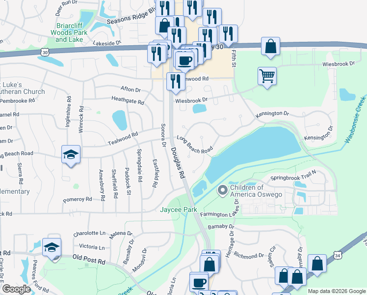 map of restaurants, bars, coffee shops, grocery stores, and more near 406 Kent Court in Oswego