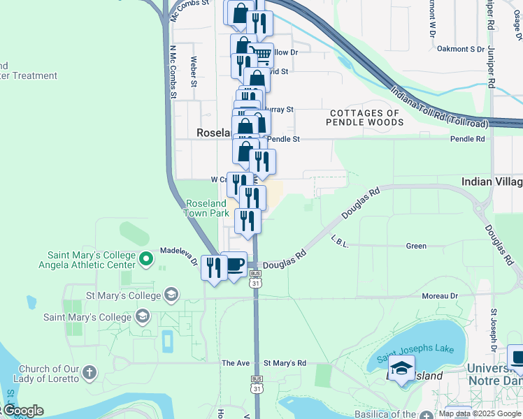 map of restaurants, bars, coffee shops, grocery stores, and more near 317 S Dixie Way in South Bend