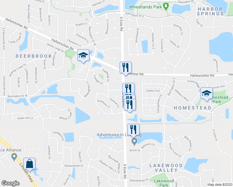 map of restaurants, bars, coffee shops, grocery stores, and more near 2309 Moonlight Court in Aurora
