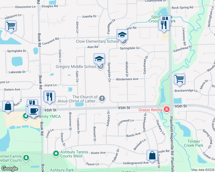 map of restaurants, bars, coffee shops, grocery stores, and more near 2738 Springdale Circle in Naperville