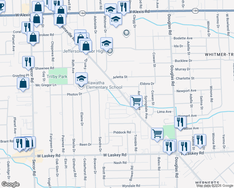 map of restaurants, bars, coffee shops, grocery stores, and more near 2835 Breezeway Drive in Toledo