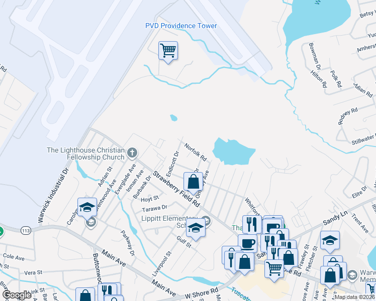 map of restaurants, bars, coffee shops, grocery stores, and more near 48 Norfolk Road in Warwick