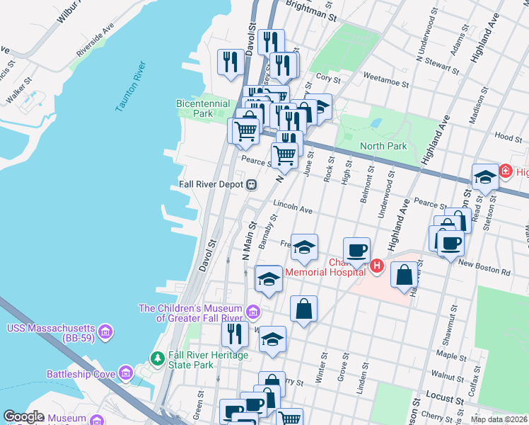 map of restaurants, bars, coffee shops, grocery stores, and more near 735 North Main Street in Fall River