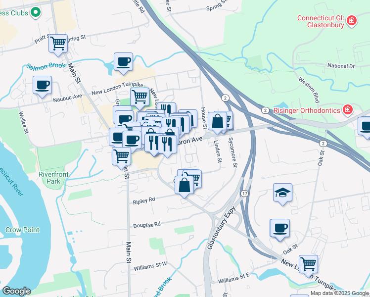 map of restaurants, bars, coffee shops, grocery stores, and more near 28 Nanel Drive in Glastonbury