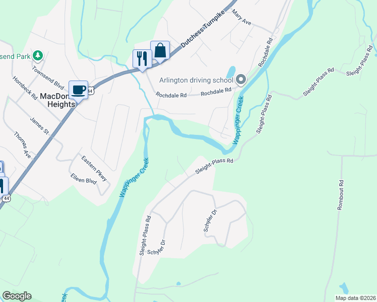 map of restaurants, bars, coffee shops, grocery stores, and more near 129 Sleight-Plass Road in Poughkeepsie