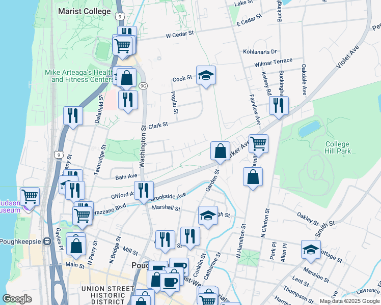 map of restaurants, bars, coffee shops, grocery stores, and more near 61 Parker Avenue in Poughkeepsie