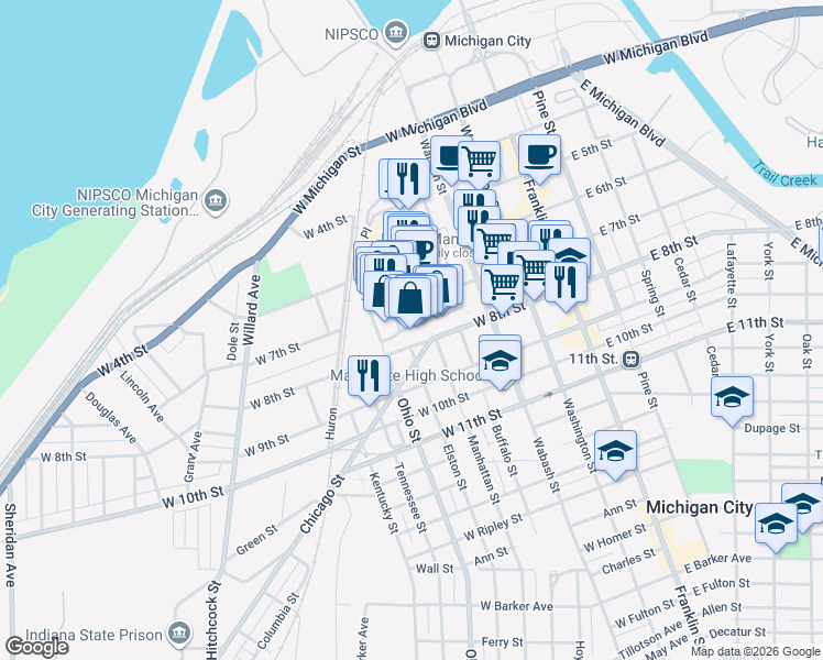 map of restaurants, bars, coffee shops, grocery stores, and more near 698 West 8th Street in Michigan City