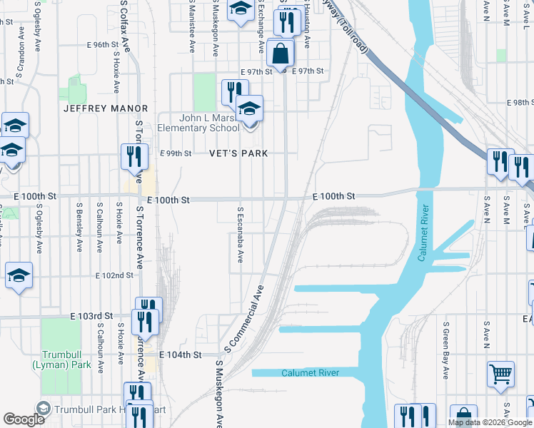 map of restaurants, bars, coffee shops, grocery stores, and more near 10041 South Exchange Avenue in Chicago