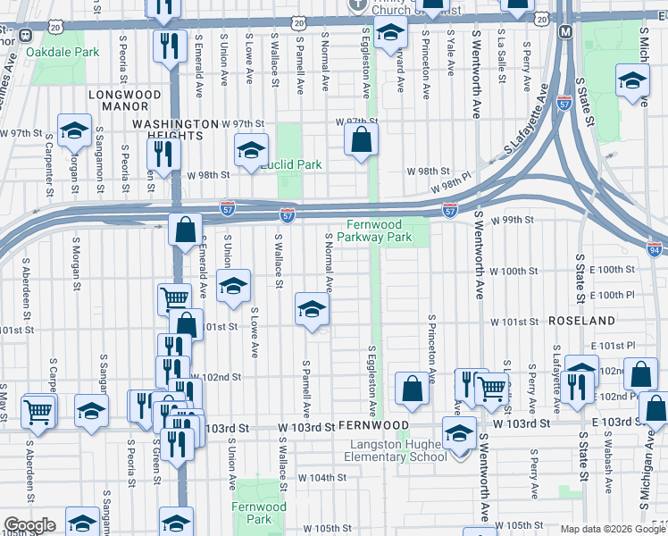 map of restaurants, bars, coffee shops, grocery stores, and more near 10014 South Normal Avenue in Chicago