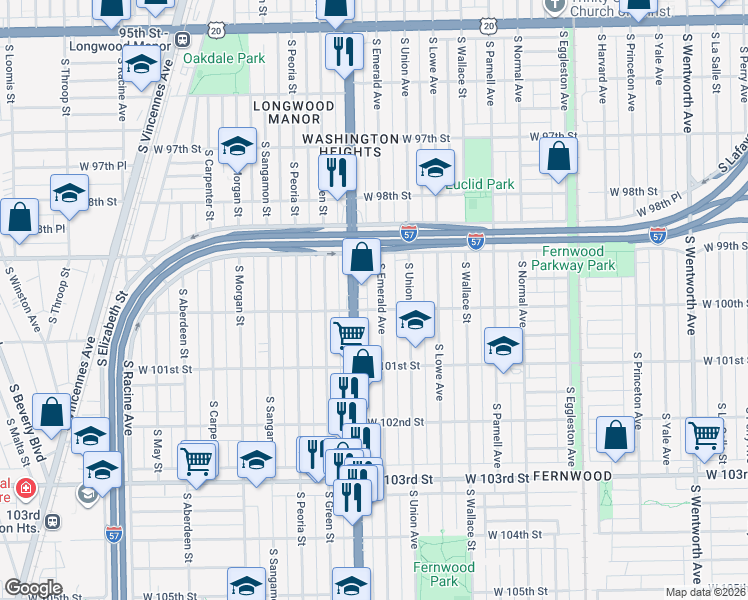 map of restaurants, bars, coffee shops, grocery stores, and more near 10010 South Emerald Avenue in Chicago