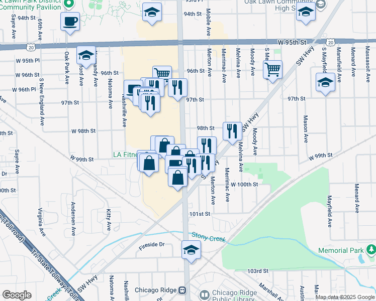 map of restaurants, bars, coffee shops, grocery stores, and more near 9900 South Ridgeland Avenue in Chicago Ridge
