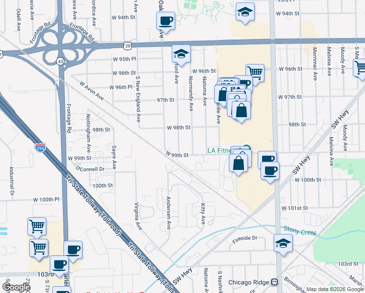 map of restaurants, bars, coffee shops, grocery stores, and more near 6655 99th Street in Chicago Ridge