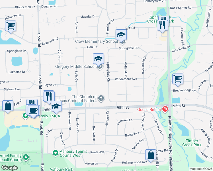map of restaurants, bars, coffee shops, grocery stores, and more near 2738 Springdale Circle in Naperville