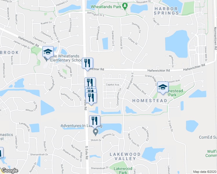 map of restaurants, bars, coffee shops, grocery stores, and more near 2527 Congress Avenue in Aurora