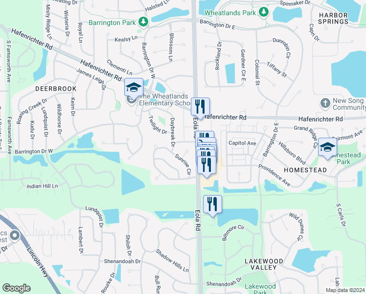 map of restaurants, bars, coffee shops, grocery stores, and more near 2336 Moonlight Court in Aurora