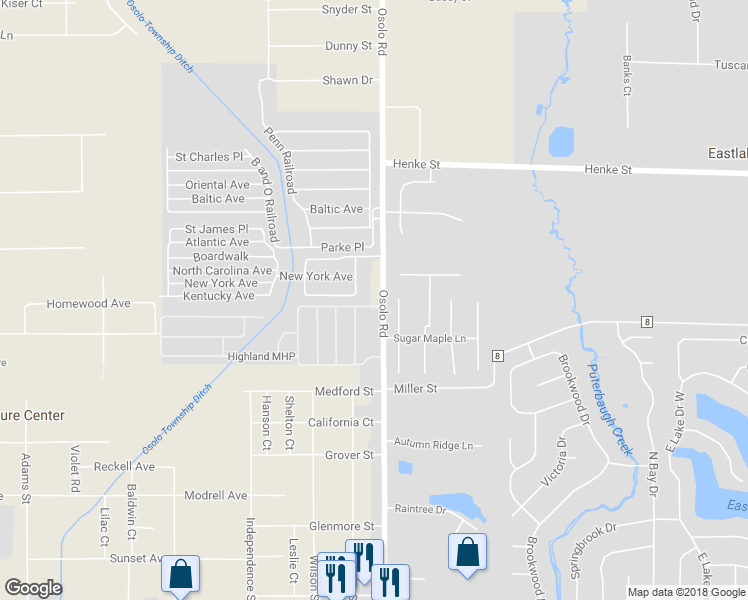 map of restaurants, bars, coffee shops, grocery stores, and more near 53765 County Road 11 in Elkhart