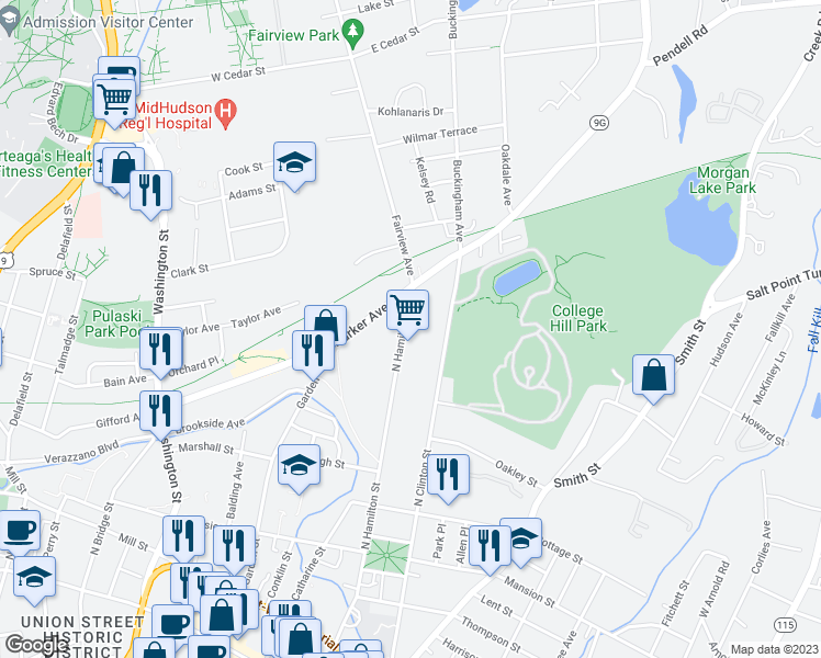 map of restaurants, bars, coffee shops, grocery stores, and more near 195 North Hamilton Street in Poughkeepsie