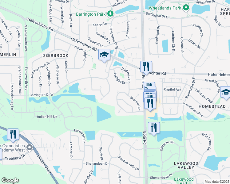 map of restaurants, bars, coffee shops, grocery stores, and more near 2253 Sunrise Circle in Aurora