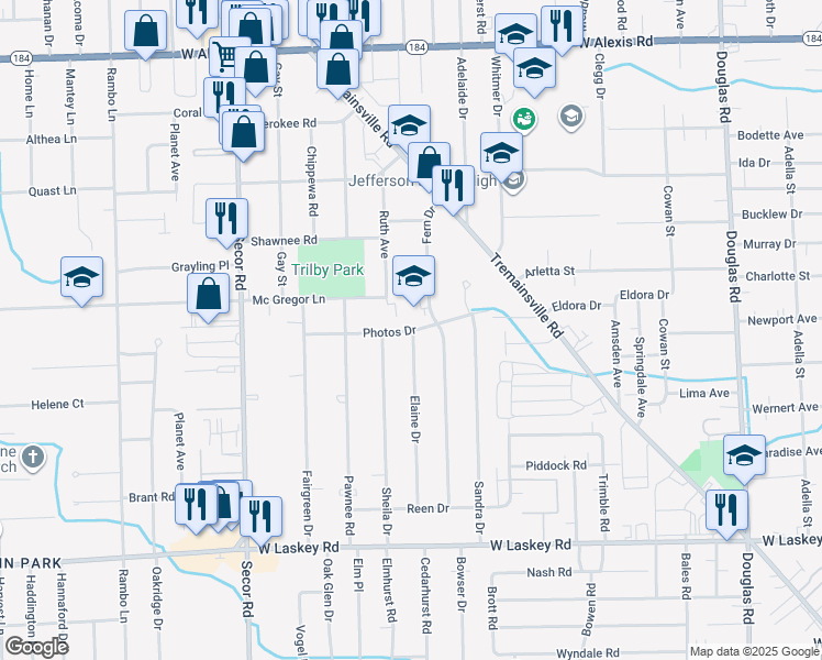 map of restaurants, bars, coffee shops, grocery stores, and more near 3020 Photos Drive in Toledo