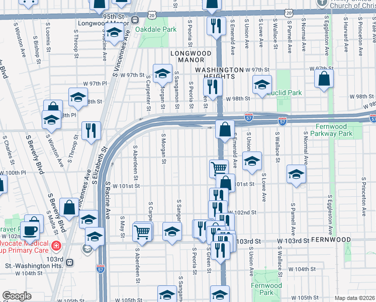map of restaurants, bars, coffee shops, grocery stores, and more near 10009 South Sangamon Street in Chicago