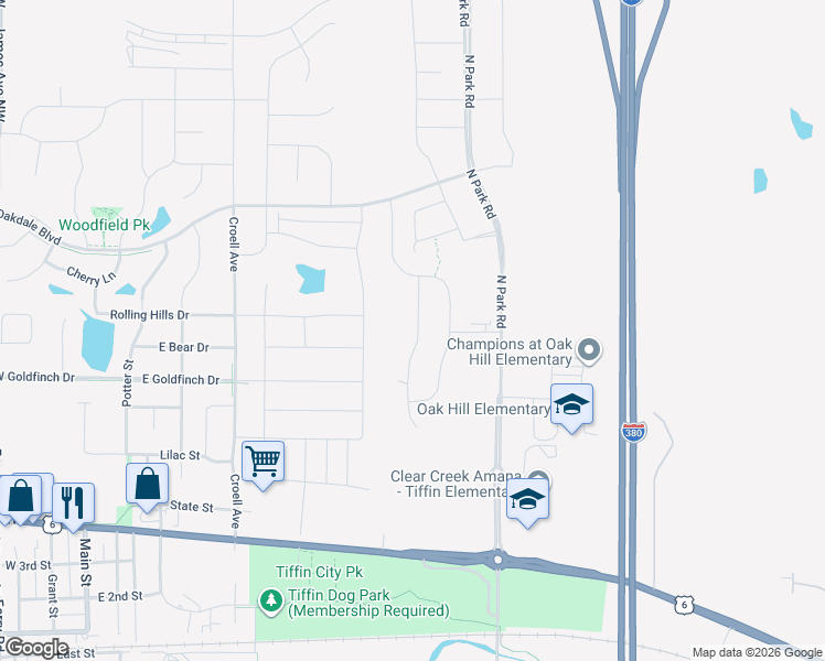 map of restaurants, bars, coffee shops, grocery stores, and more near 300 Park Road in Tiffin