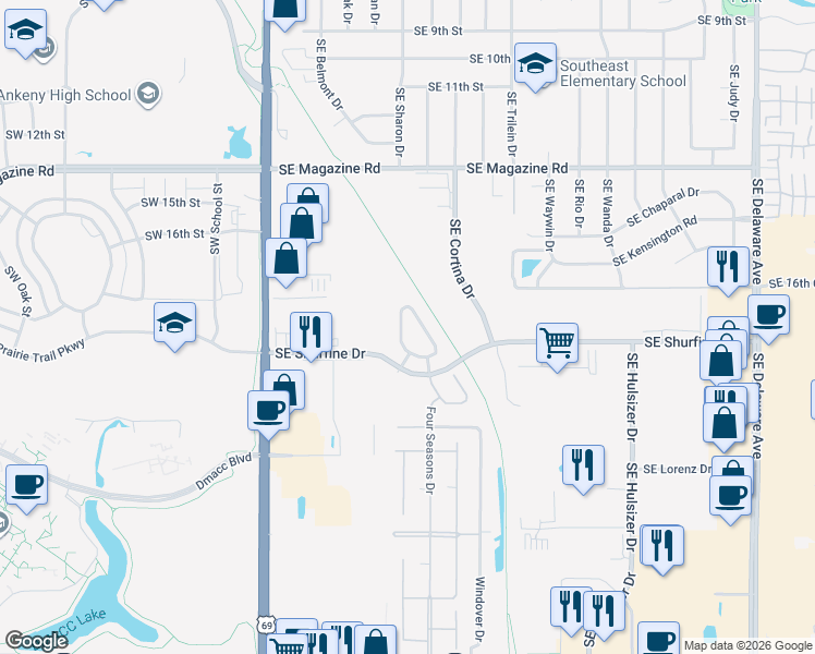 map of restaurants, bars, coffee shops, grocery stores, and more near 244-408 Southeast Shurfine Drive in Ankeny