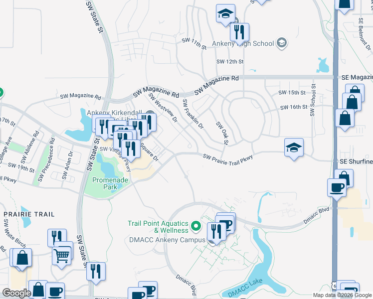 map of restaurants, bars, coffee shops, grocery stores, and more near 1010 Southwest Prairie Trail Parkway in Ankeny