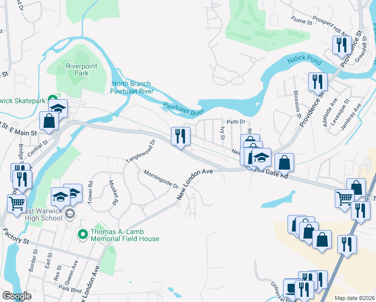 map of restaurants, bars, coffee shops, grocery stores, and more near 298 Providence Street in West Warwick