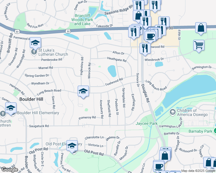 map of restaurants, bars, coffee shops, grocery stores, and more near 128 Tealwood Road in Montgomery