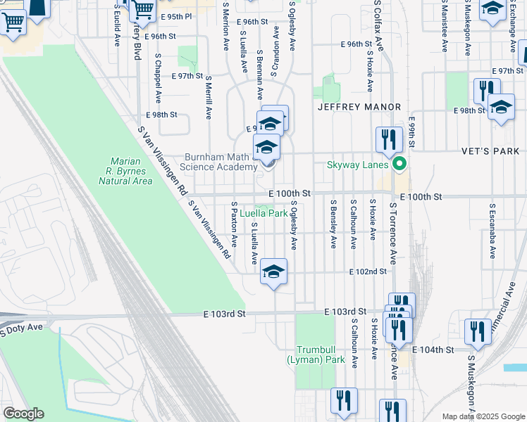 map of restaurants, bars, coffee shops, grocery stores, and more near 10021 South Luella Avenue in Chicago