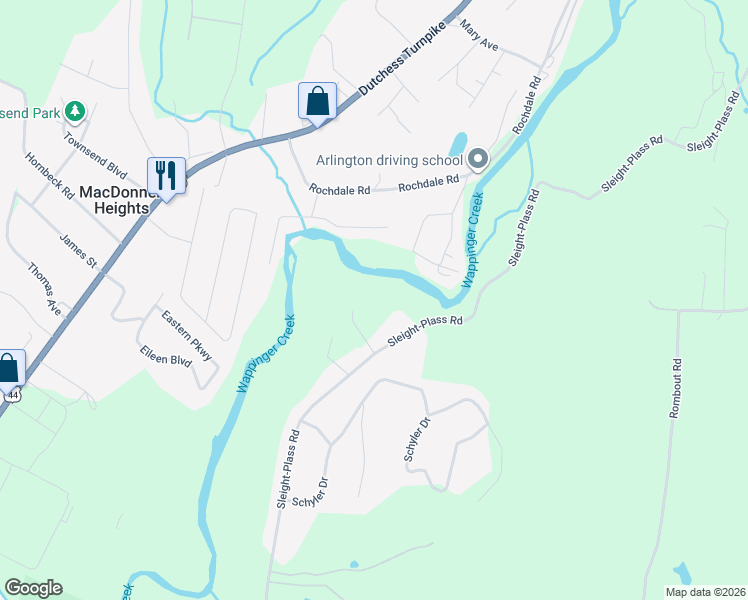 map of restaurants, bars, coffee shops, grocery stores, and more near 129 Sleight-Plass Road in Poughkeepsie