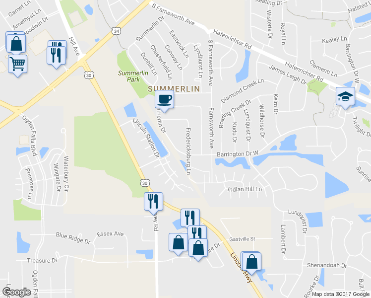 map of restaurants, bars, coffee shops, grocery stores, and more near 1701 Fredericksburg Lane in Aurora